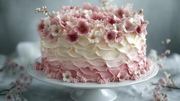 A pink and white cake with flowers on top photo