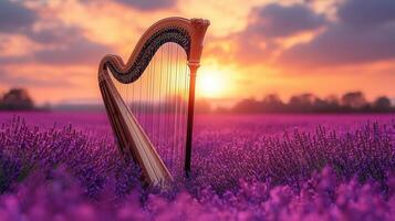 Elegant Harp in Lavender Field at Sunset photo