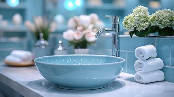 A bathroom sink with a blue bowl and towels photo
