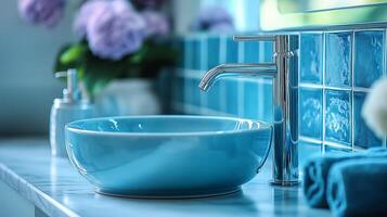 A blue bowl sitting on a counter next to a faucet photo
