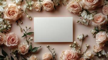 A blank card surrounded by pink roses on a pink background photo