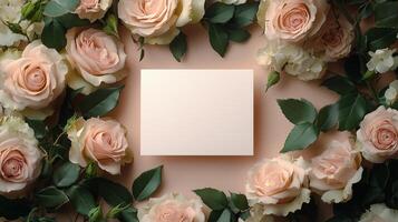 A square card surrounded by roses and green leaves photo