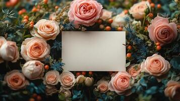 Blank card in a bouquet of pink roses photo