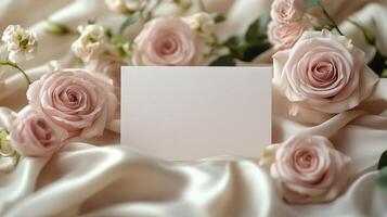A blank card is placed on a table with pink roses photo