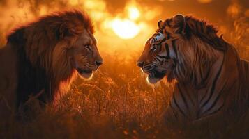 Two tigers facing each other in the sunset photo