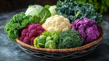 A basket of colorful vegetables is shown on a table photo