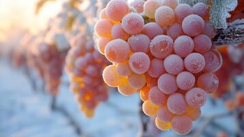 Frozen grapes hanging on vine in a vineyard during winter photo