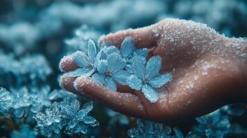 A hand holding a blue flower in the snow photo