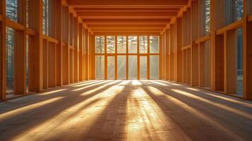 Interior view of a well-lit wooden construction space photo