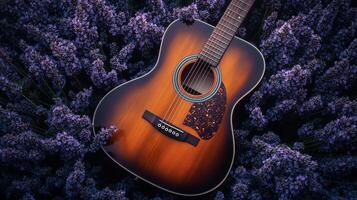 Lavender and Blueberry Acoustic Guitar in a Floral Setting photo