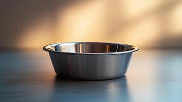 Long exposure empty metal dog bowl, white background photo