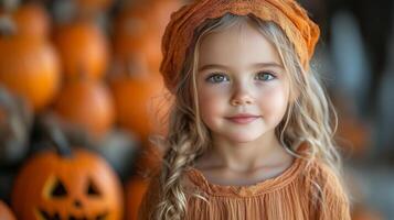 A little girl in a pumpkin costume photo