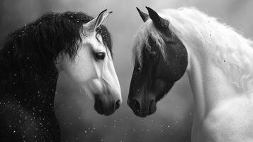 Majestic black and white unicorns facing each other photo