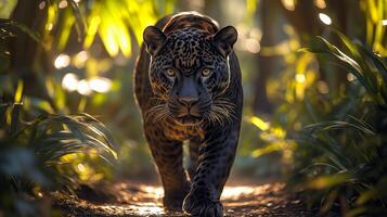 Jaguar walking through the jungle photo