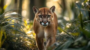 Majestic Florida panther walking through lush forest photo