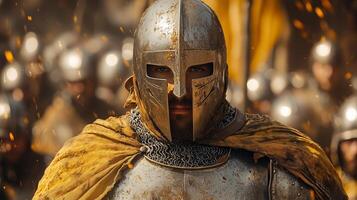 A man in a helmet and armor is surrounded by other people photo