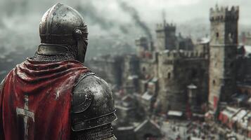 A knight in armor standing in front of a city photo
