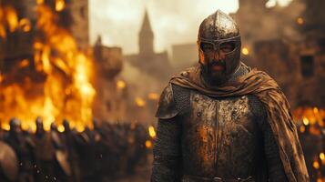 A knight in armor standing in front of a burning building photo
