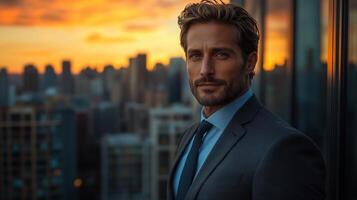 A man in a suit and tie standing in front of a city skyline photo