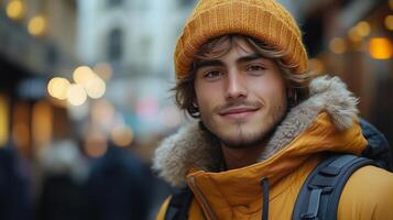 A young man in a yellow jacket and hat photo
