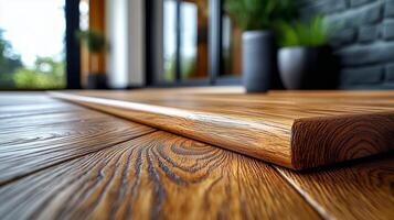 A wooden floor with a black wall in the background photo