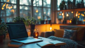 A laptop is sitting on a wooden table in front of a window with a lit up room photo