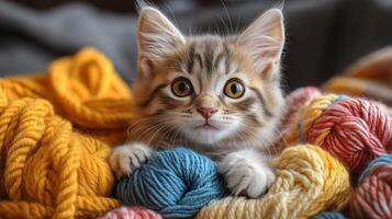 A kitten is sitting on a pile of yarn photo