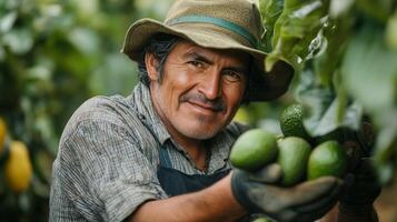 A man in a hat holding a bunch of green fruit photo