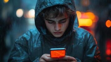 A young man in a hoodie is looking at his phone photo
