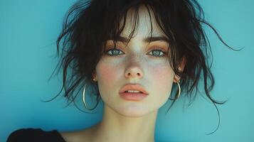 A woman with freckles and big earrings photo