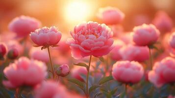 Pink Peonies in a field at sunset photo