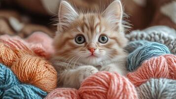 A kitten is sitting on a blanket surrounded by yarn photo