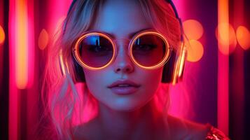 A woman wearing headphones and sunglasses in neon lights photo