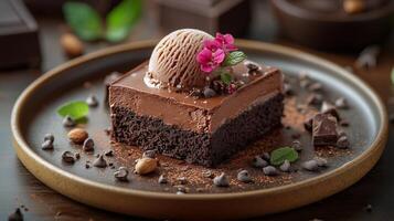 A piece of chocolate cake with ice cream on top photo