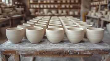 Rows of Unfinished Ceramic Bowls Sit on a Work Table photo