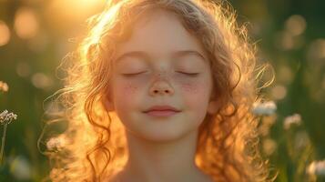 A young girl with her eyes closed in a field photo