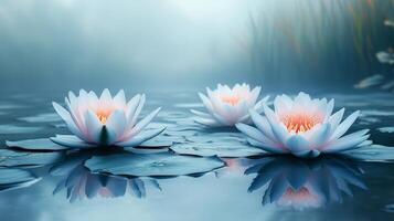 Serene blue water lilies on calm water, pastel background photo