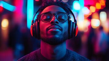 A man with headphones on in front of neon lights photo