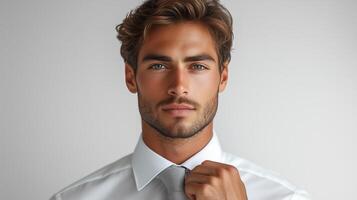 A man in a white shirt and tie adjusting his tie photo