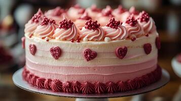 A pink and white cake with red frosting photo