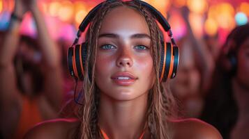 Spectators using headphones in a silent party. photo