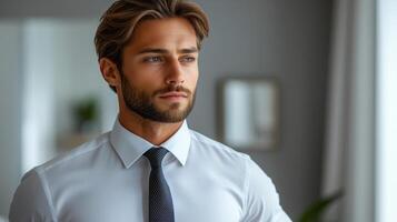 A man in a shirt and tie standing in front of a window photo