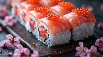 Sushi with salmon and cherry blossoms photo