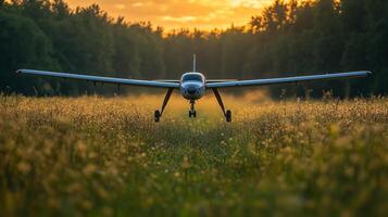 A small airplane is taking off from a field photo