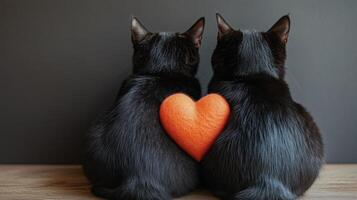 Two black cats sitting on a wooden table with a heart photo