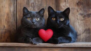 Two black cats sitting on a wooden table with a red heart photo