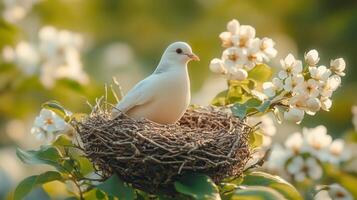 whiteness of flight dove. beautiful nest holding branch structure dove photo
