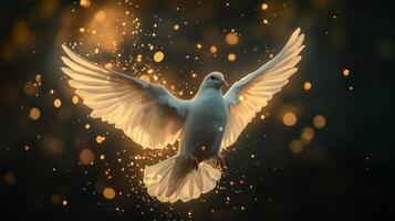 un blanco paloma volador en el aire con ligero brillante en eso foto