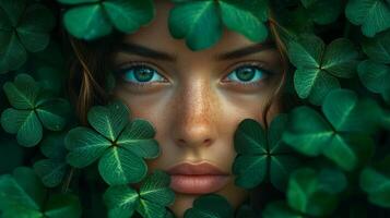 Woman's face covered in lush green leaves and clover photo