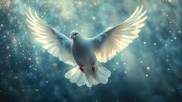 A white dove flying in the air with its wings spread photo